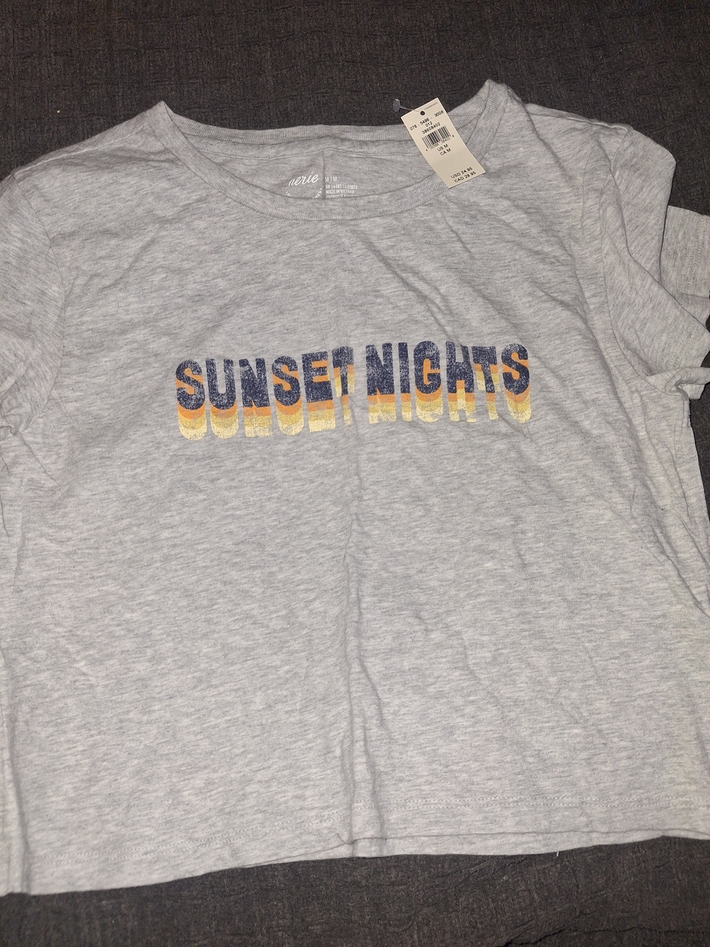 aerie Gray Tee with Navy and Yellow 'Sunset Nights' Graphic